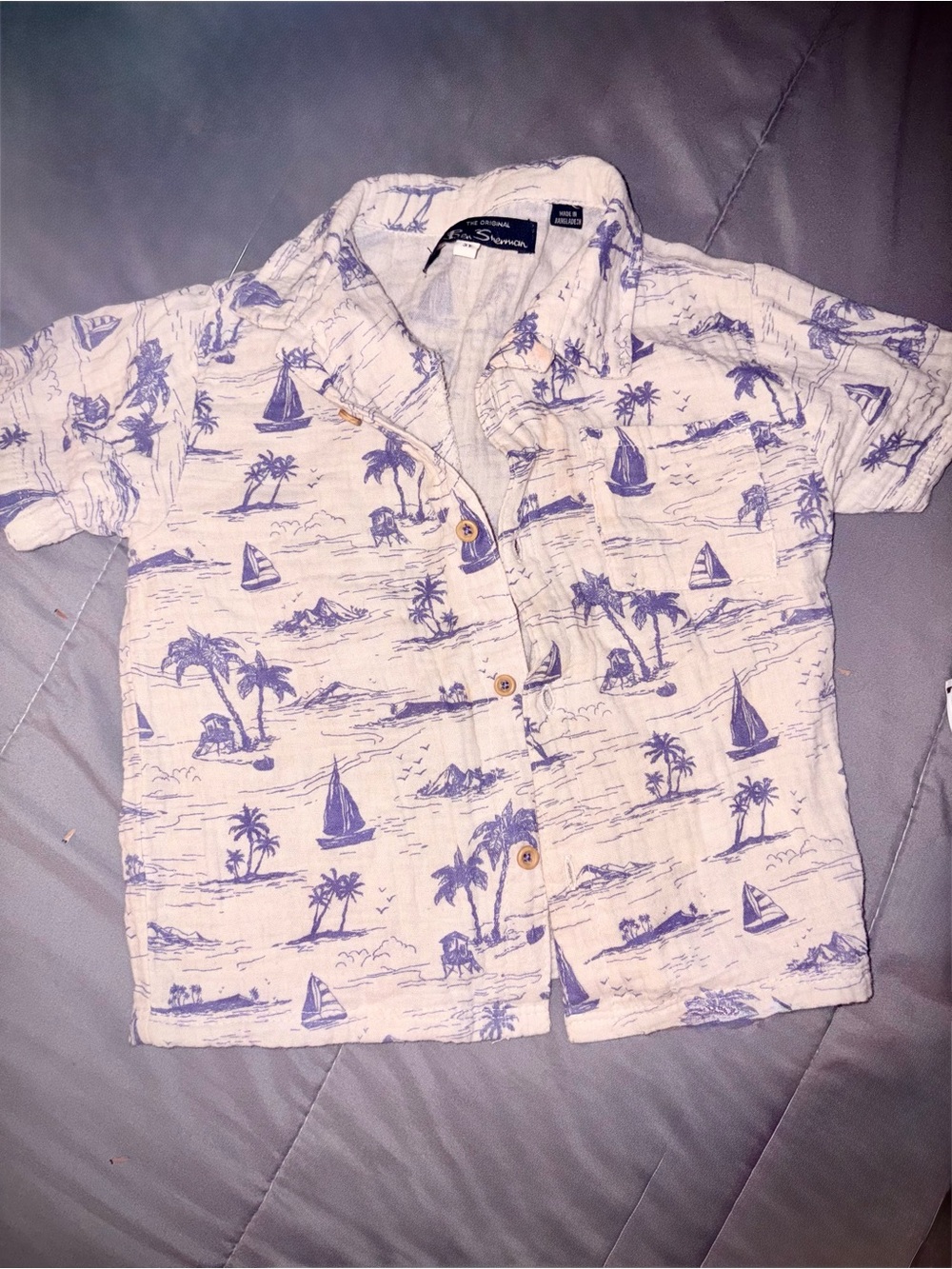 Toddler boy cream color button down with blue sailboats & palm trees